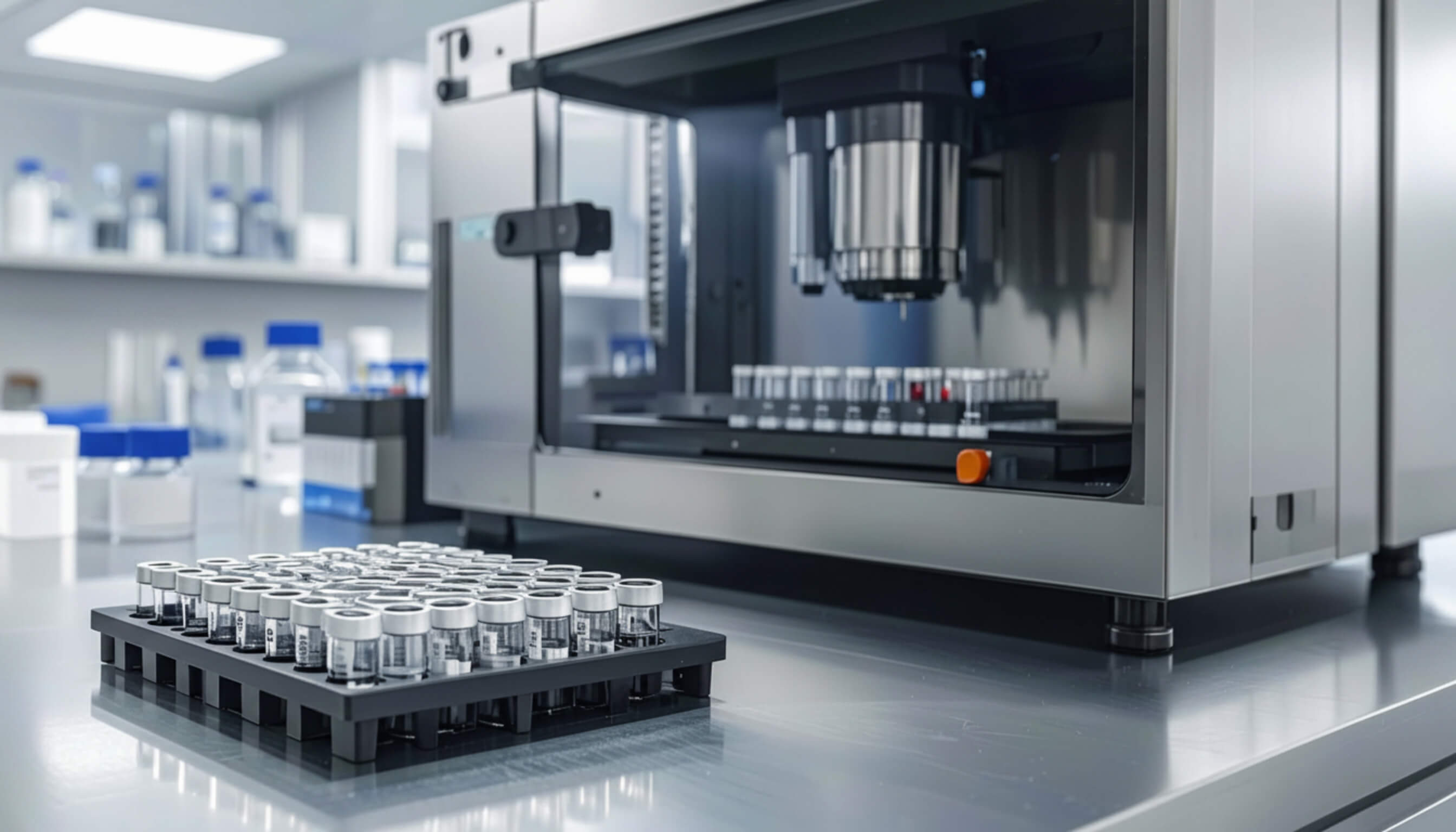 Sample vials are arranged in a tray beside an LC-MS/MS instrument in a laboratory.