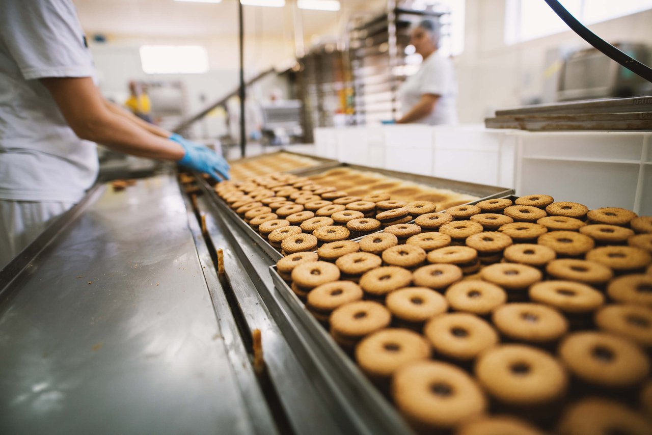 Cookies are arranged on trays during production in a factory.
