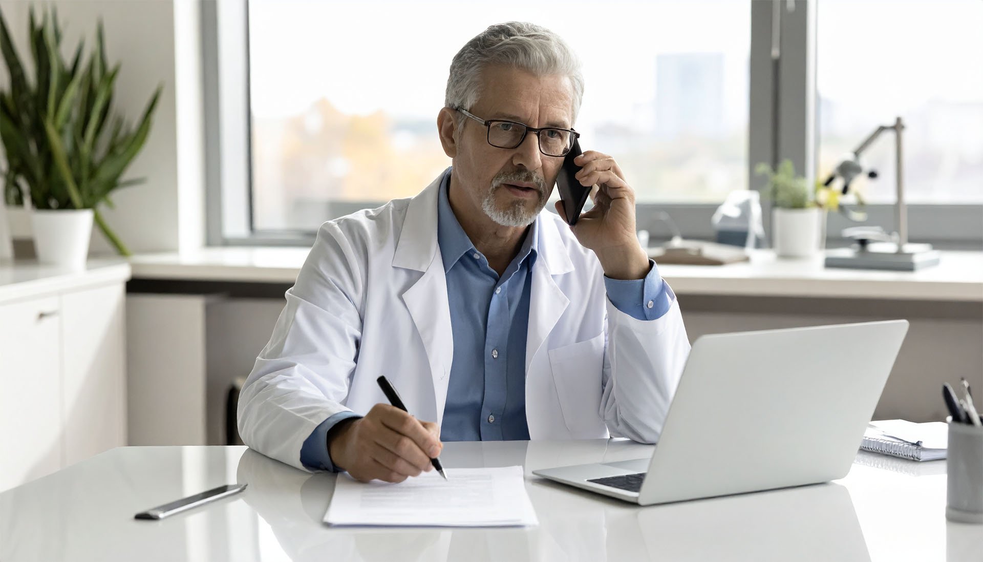 Laboratory professional using a laptop and taking notes while speaking on a phone at a desk.