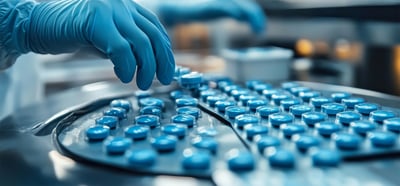 A lab worker in gloves carefully handles blue capsules on a production line, emphasizing precision and hygiene in pharmaceutical manufacturing.