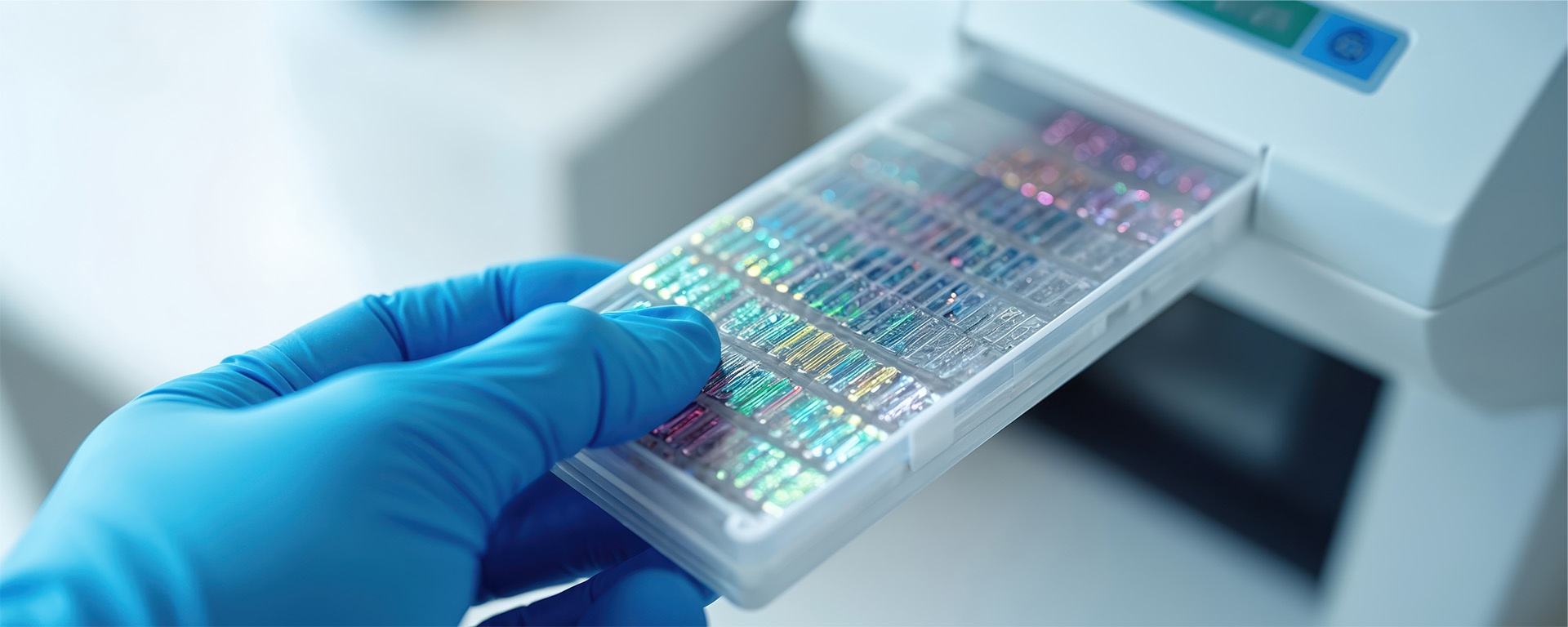 Gloved hand presenting next generation sequencing flow cell. Advanced medical device analyzes DNA strands within sample tray.