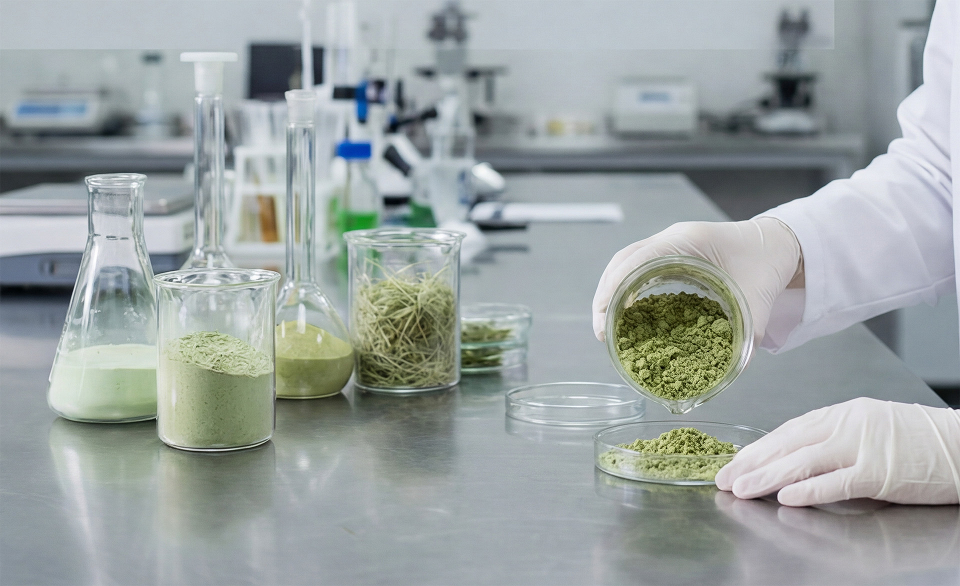Exploring verdant compounds in a pristine lab, a researcher precisely measures organic powders.