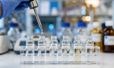 Close-up of scientific vials with labels in a laboratory rack, a dropper adding liquid.