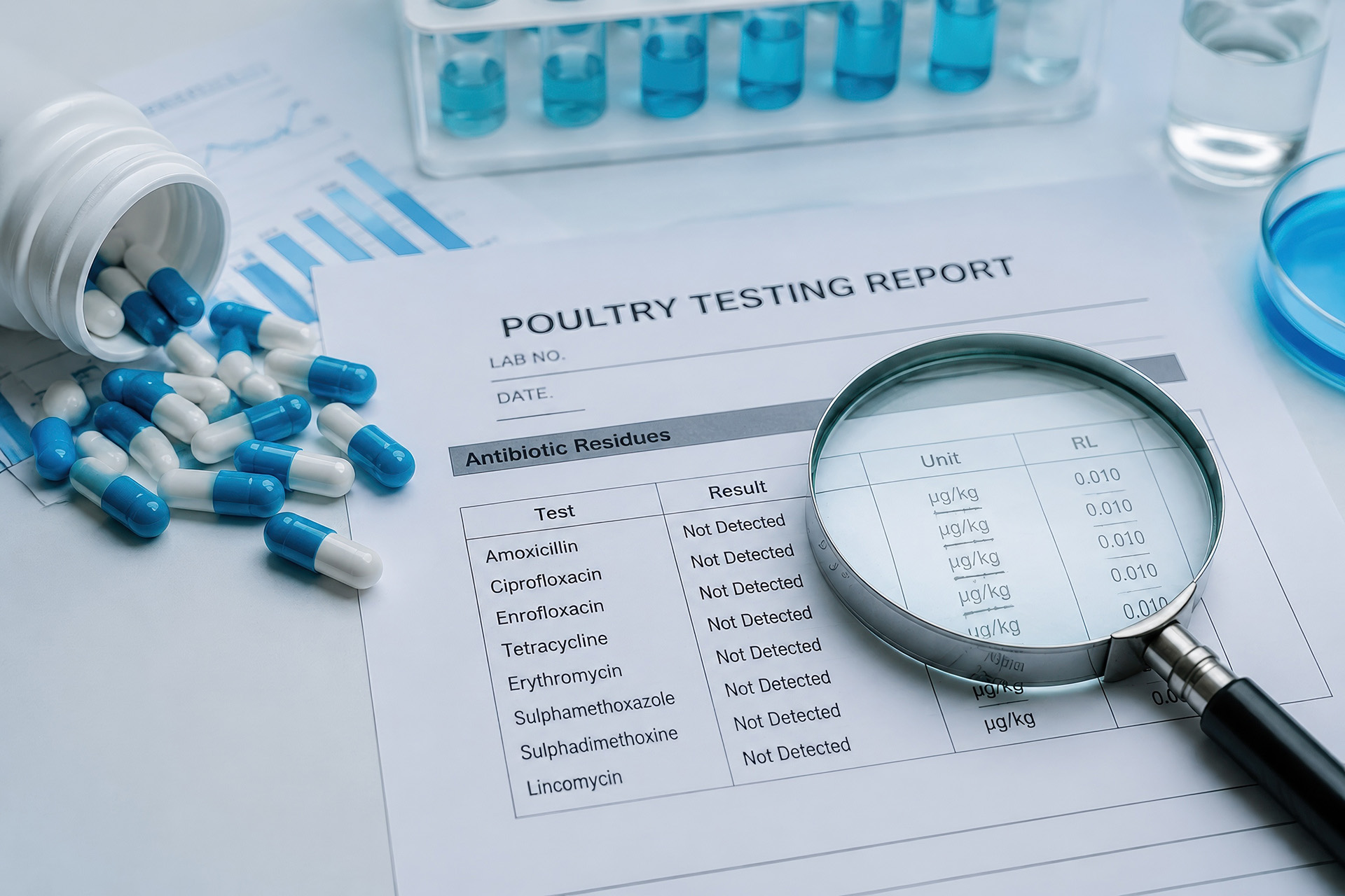 Poultry safety laboratory analysis with magnifying glass and capsules for residue and contamination testing.