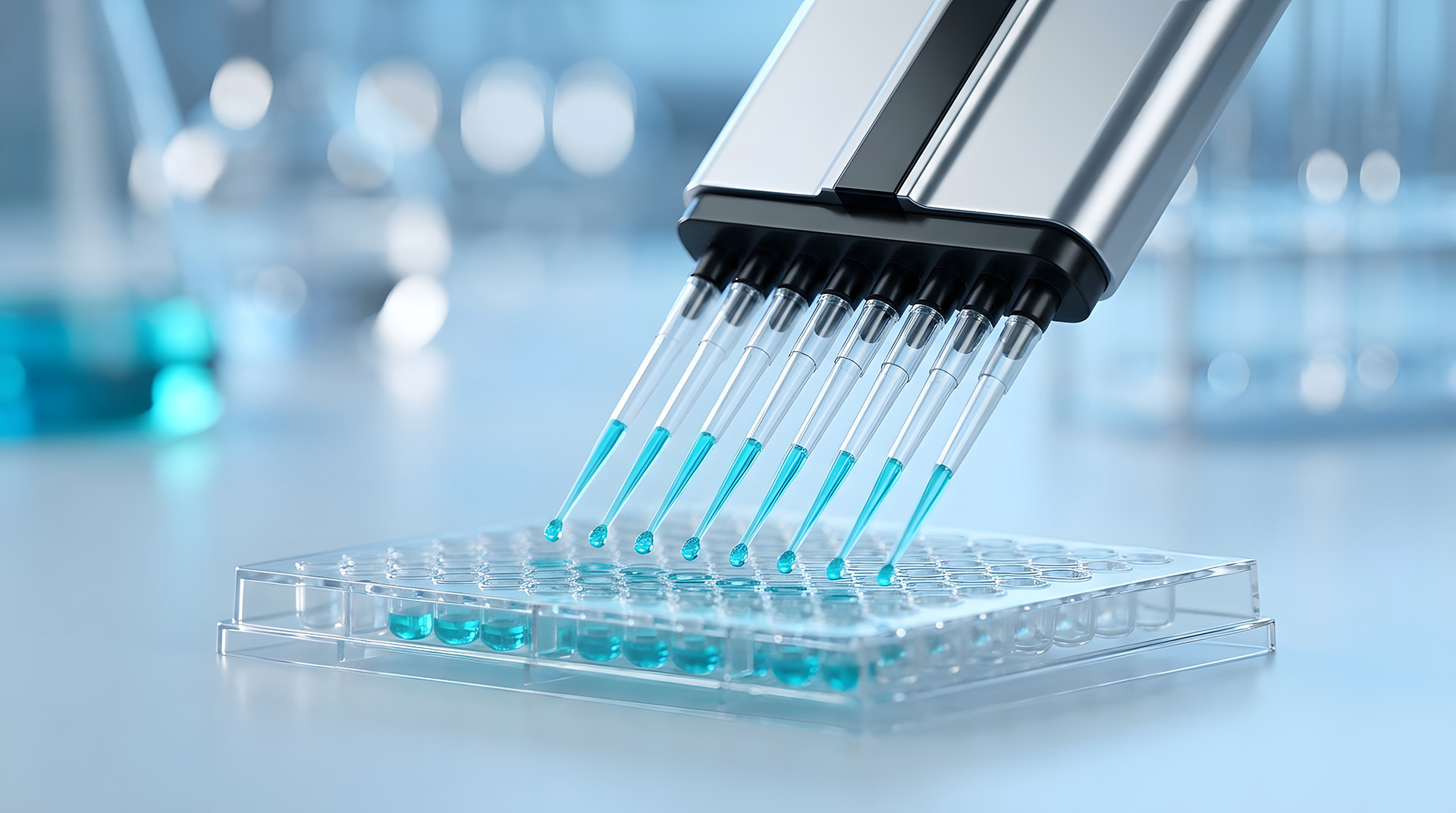 Multichannel pipette dispensing blue liquid into a 96well microplate in laboratory setting.