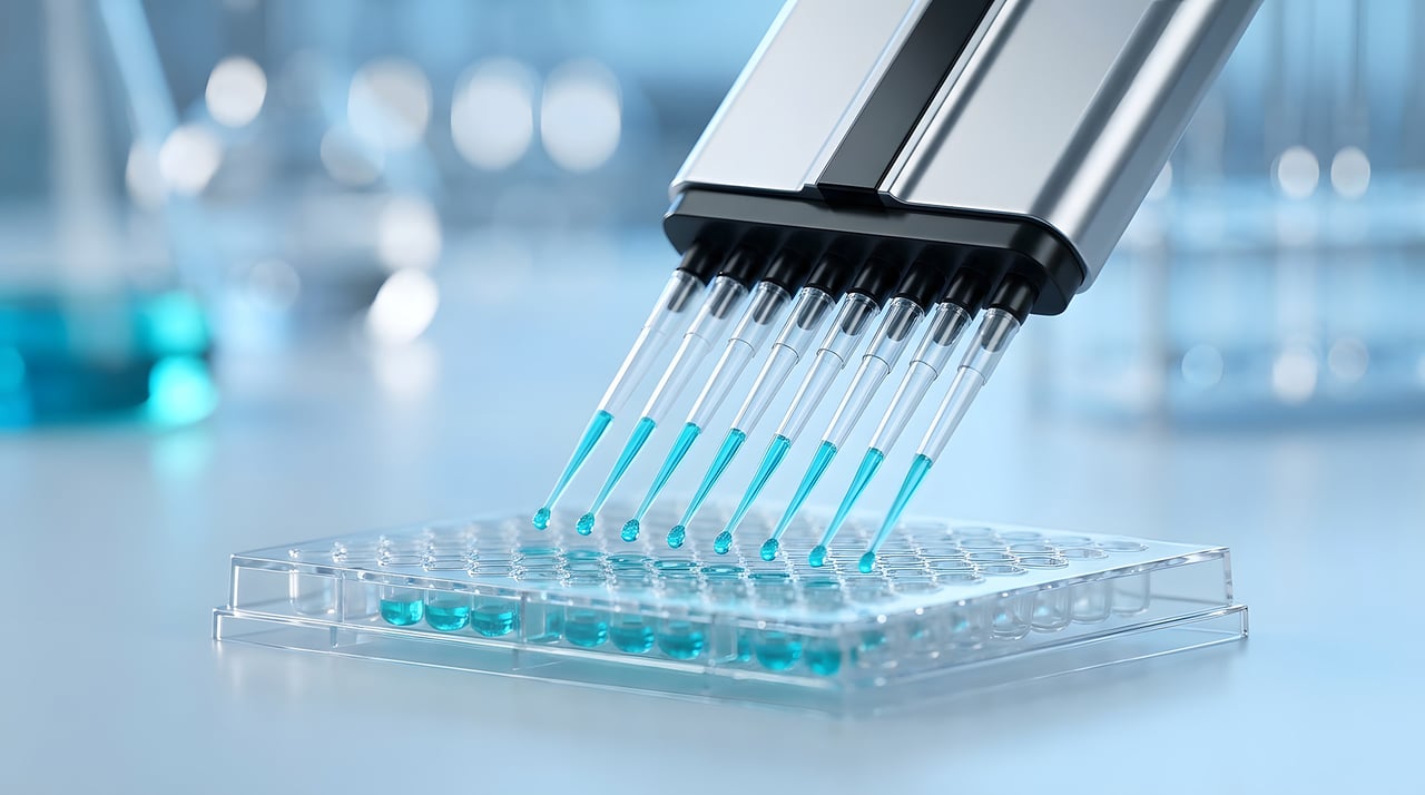 Multichannel pipette dispensing blue liquid into a 96well microplate in laboratory setting.