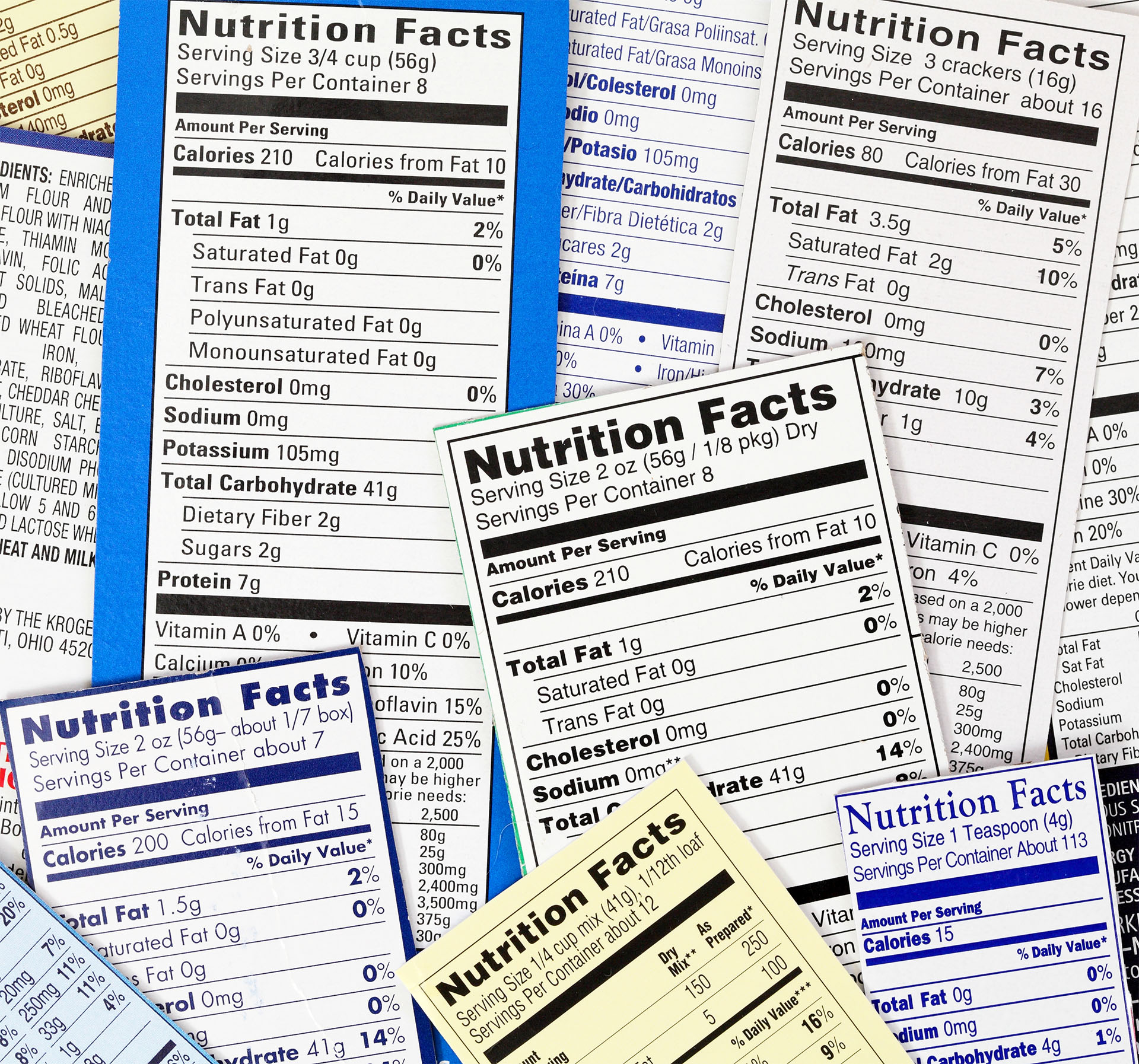 Various ingredient labels showing nutrition facts.