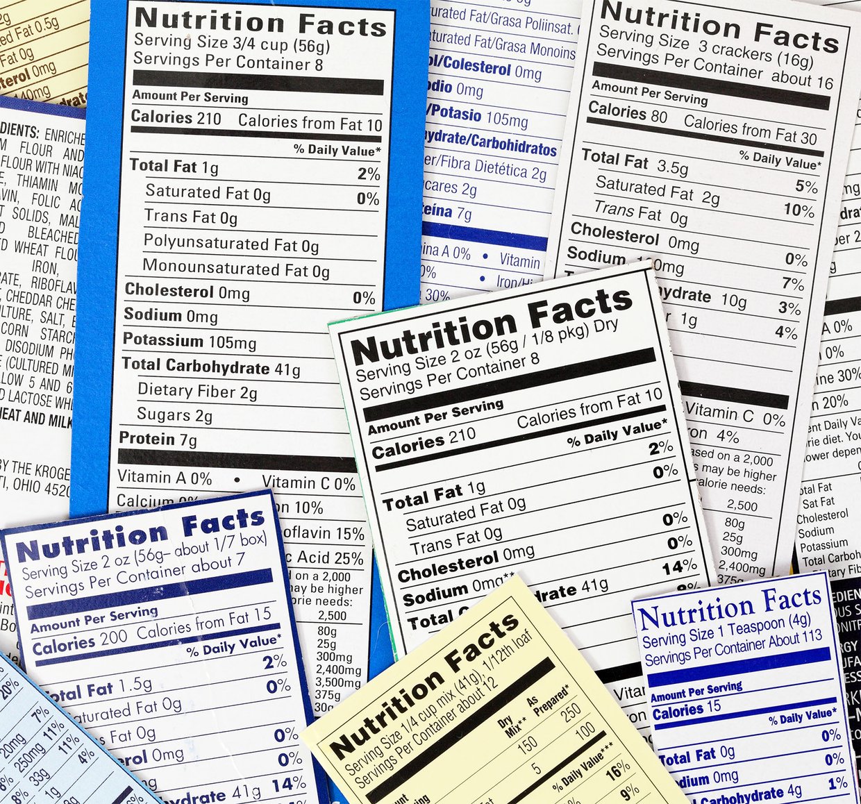 Various ingredient labels showing nutrition facts.