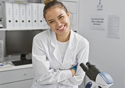 Scientist in a modern laboratory, conveying confidence and professional expertise.