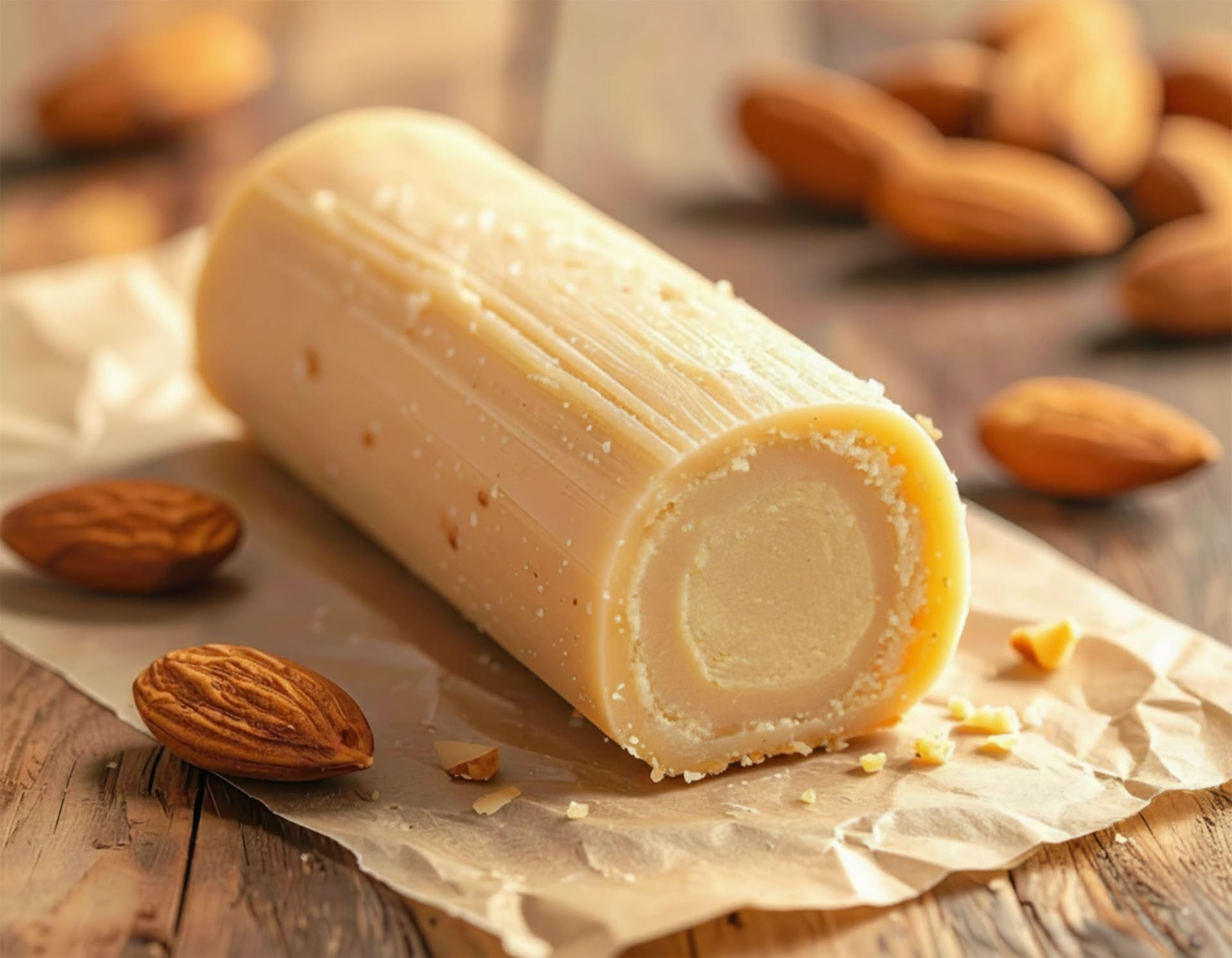Solid marzipan roll on parchment paper surrounded by whole almonds on a wooden surface.