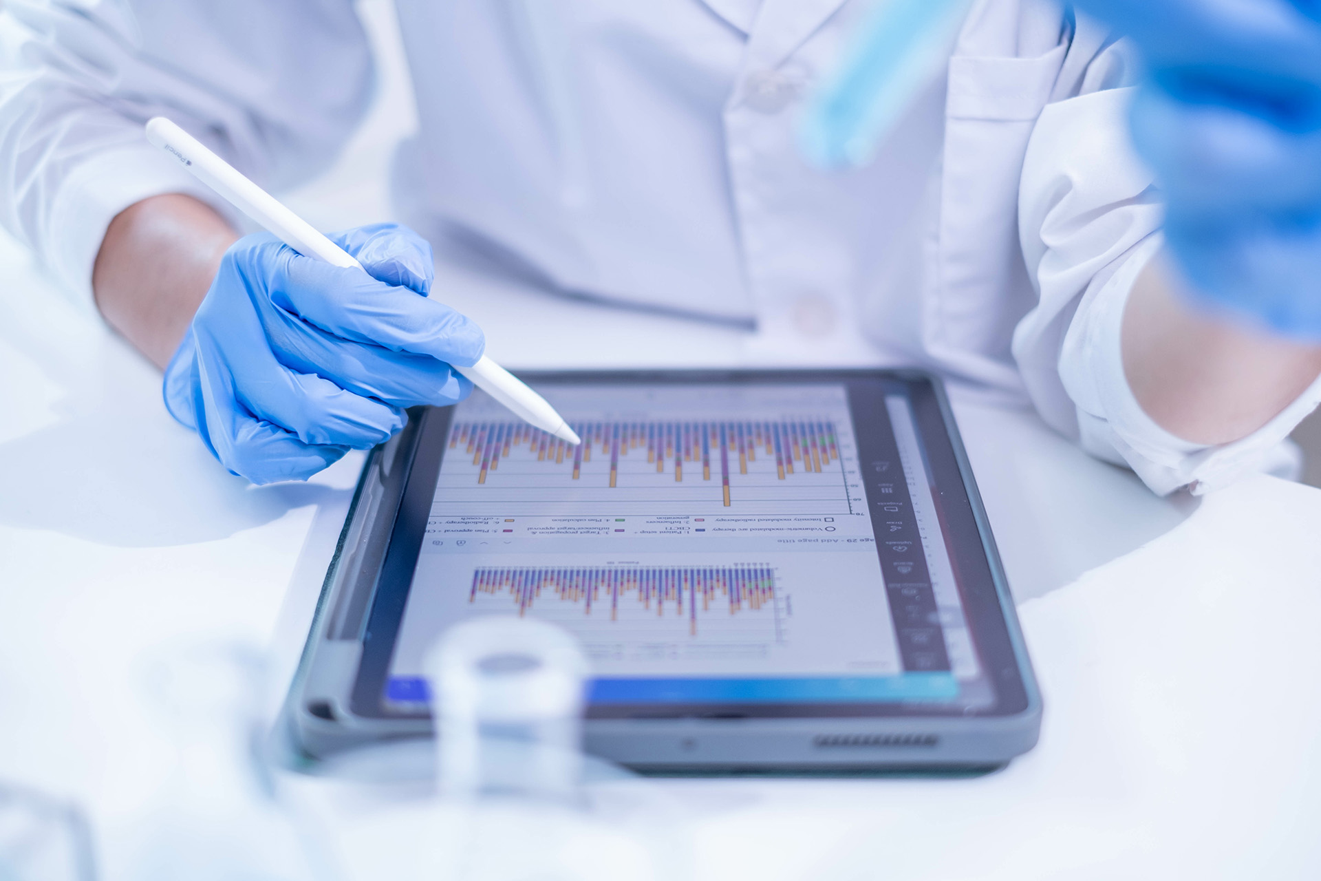 Scientist person research writing document bioanalytical science study in modern laboratory, professional female doctor working on medical test lab note.