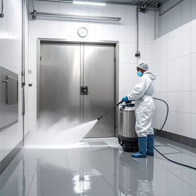 Worker in protective clothing cleaning and disinfecting a food processing facility using a high-pressure sprayer.