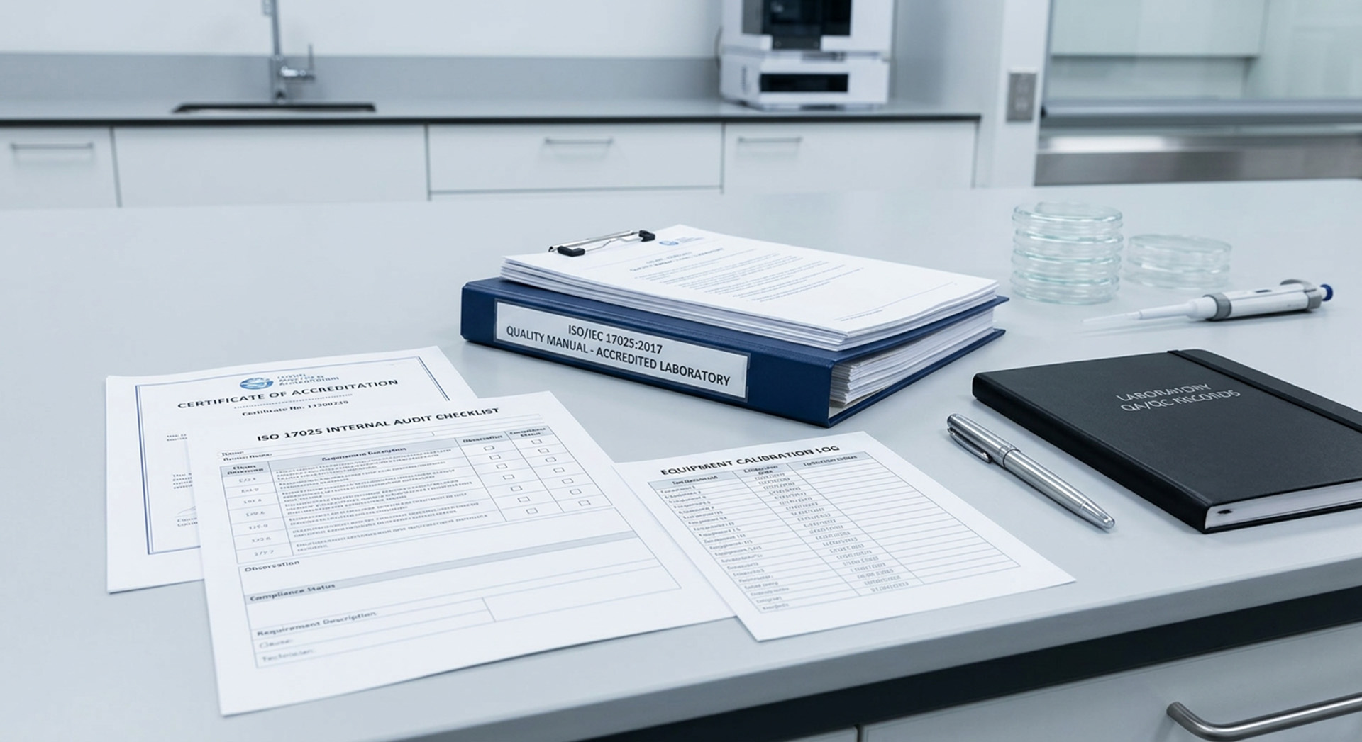 ISO/IEC 17025 quality management documents, including accreditation certificate, audit checklist, and calibration log, arranged on a laboratory workbench.