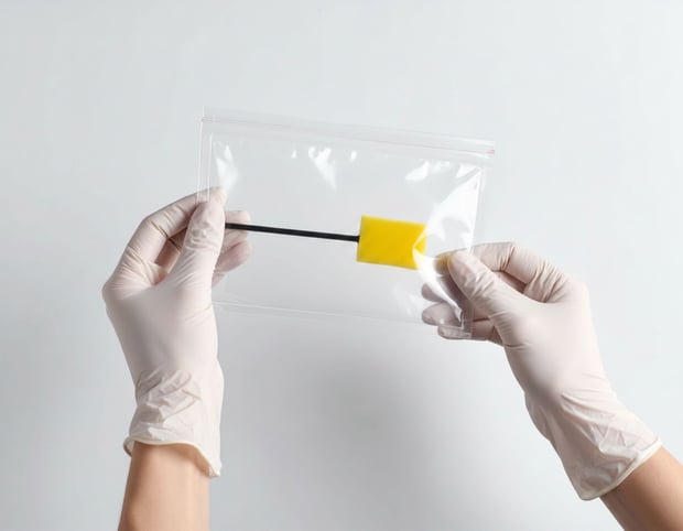 Gloved hands holding a sterile sponge swab in a sealed sampling bag for surface testing.