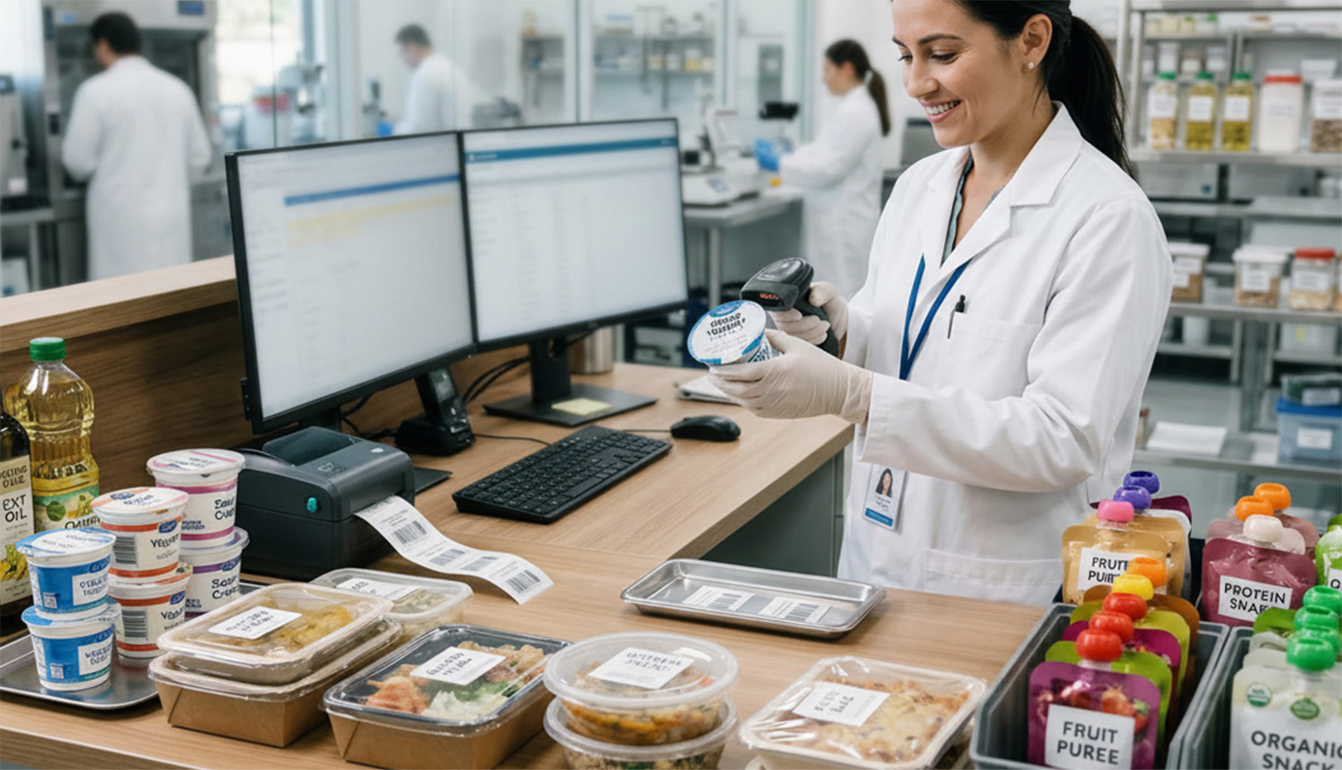 Food samples and packaged products being logged and labeled in a laboratory with barcode scanning and documentation system.