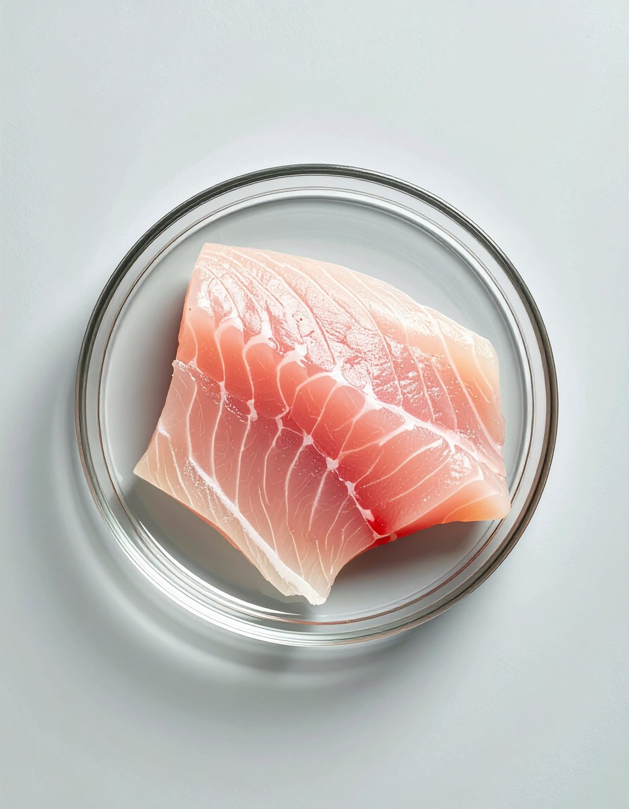 Sample piece of raw fish in a petri dish.