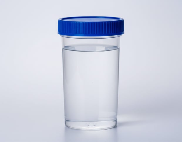 Transparent sample container with clear liquid and a blue screw cap on a neutral background.