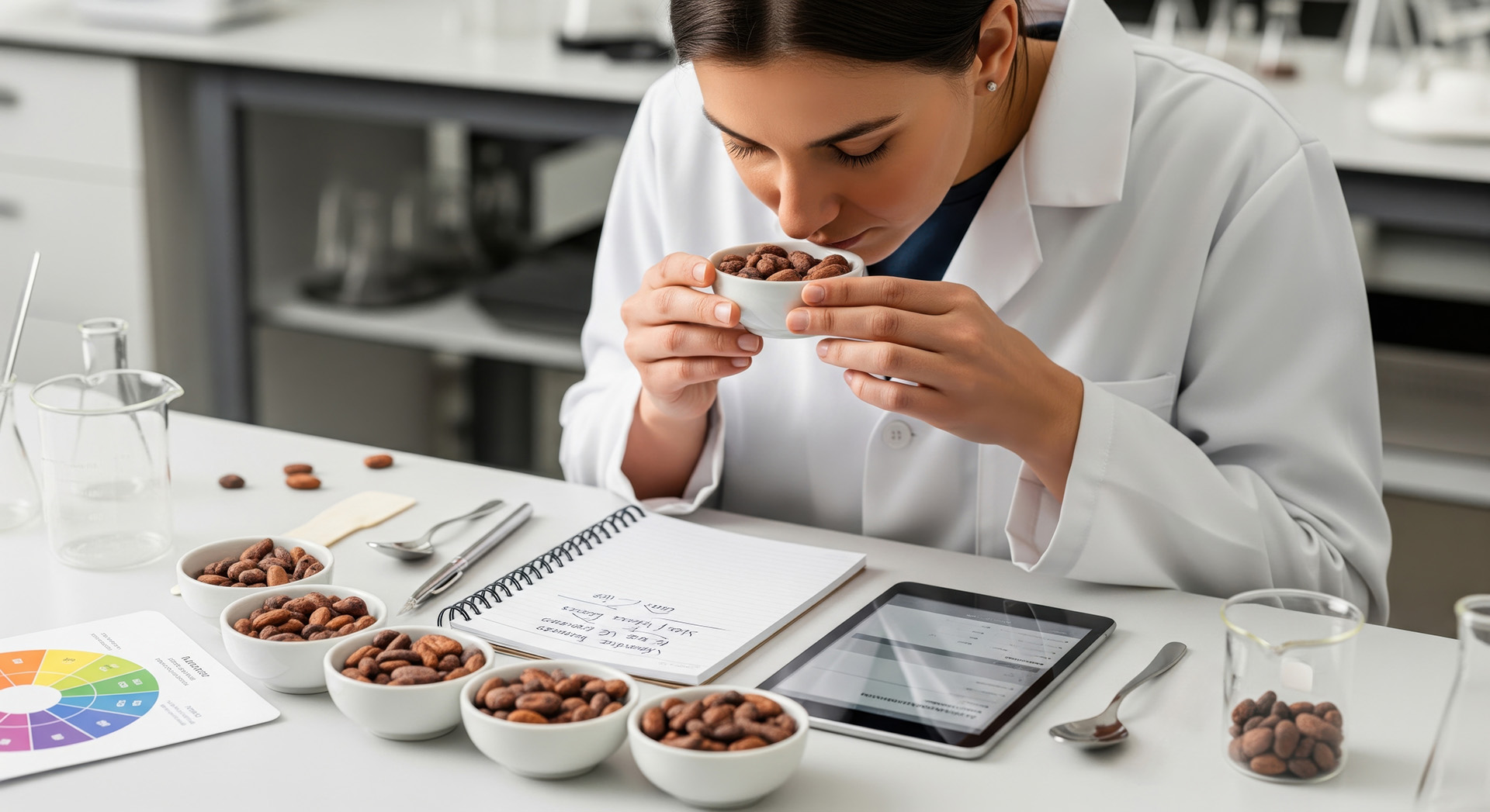 Laboratory sensory evaluation of cacao beans with samples arranged in bowls for aroma testing.