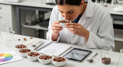 Laboratory sensory evaluation of cacao beans with samples arranged in bowls for aroma testing.