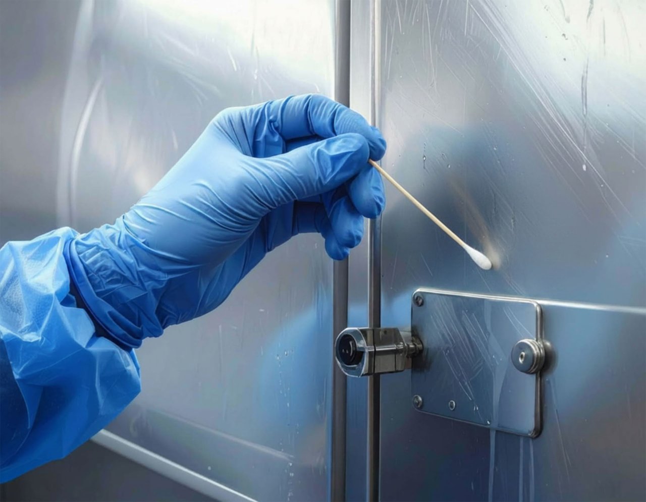 Gloved hand using a swab to collect a sample from a stainless steel surface in a clean environment.