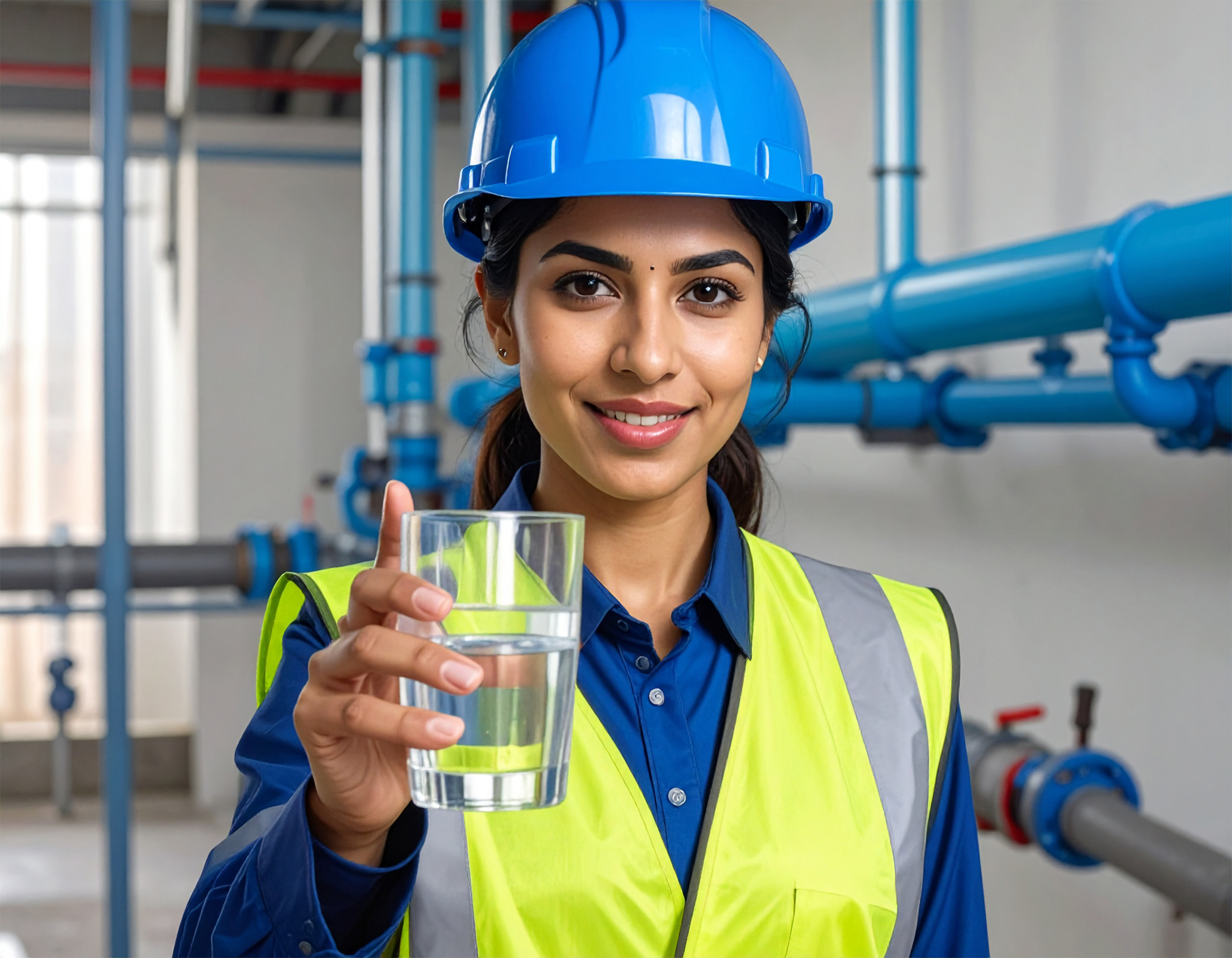 Technician holding a glass of water in an industrial water system environment.