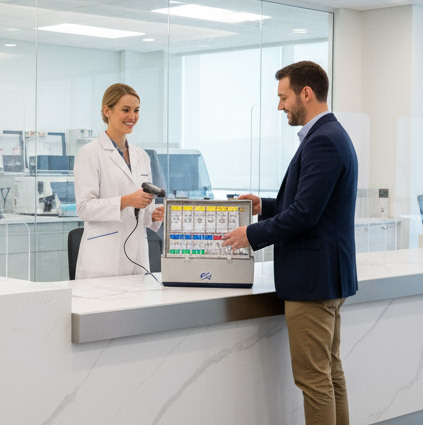 Sample reception staff member receiving test samples from a delivery person at the laboratory intake area.